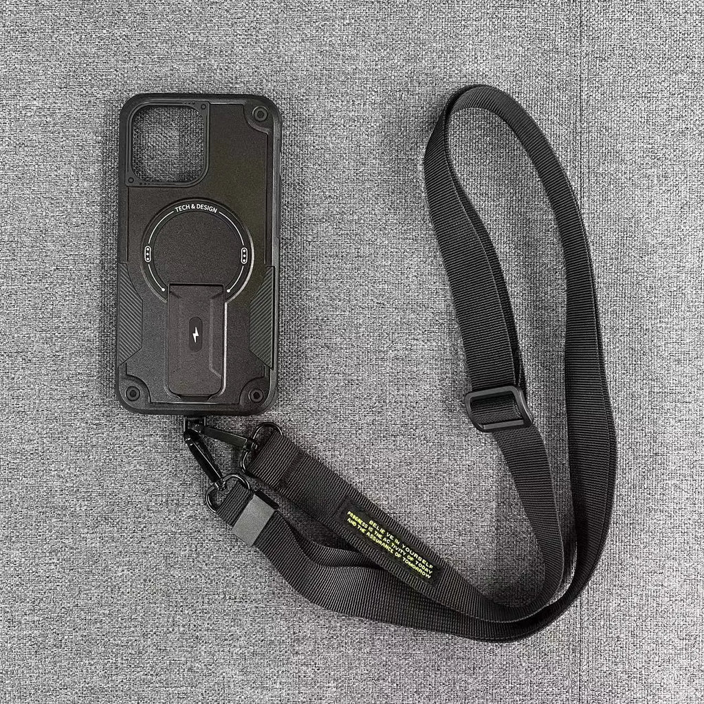 Crossbody Strap Phone Case with Fold-Out Stand and Magnetic Back for iPhone 14, 15, 16, 17 & 18 Pro Models - Long Lanyar
