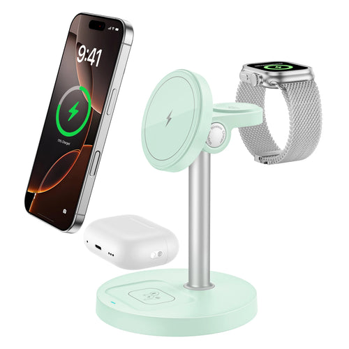 3-in-1 Magnetic Wireless Charging Stand for iPhone 16, 15, 14, 13 & 12 Series with Adjustable Angle, Smartwatch and Earbuds Pads