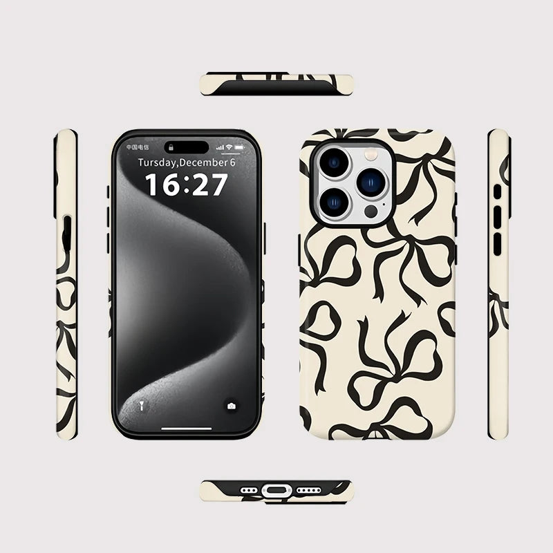 Black Ribbon Bow Print Phone Case for iPhone 16, 15 & 14 Series - Cream Magnetic Dual-Layer PC and TPU Cover