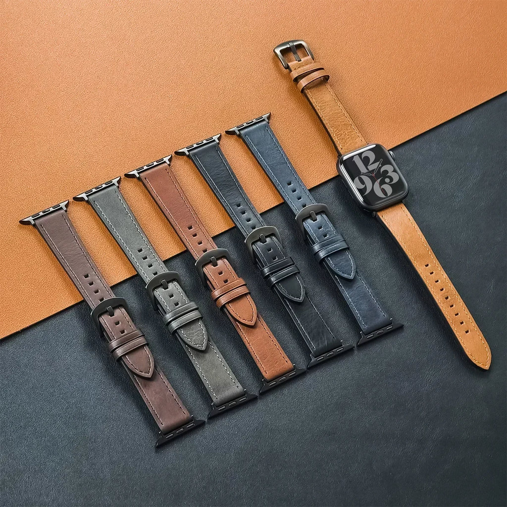 Classic PU Leather Strap for Apple Watch Series, SE & Ultra 38/40/41/42/44/45/46/49mm in Brown, Grey, Black & Blue