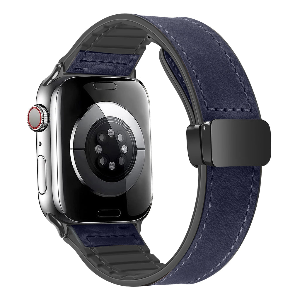 Leather and Silicone Strap with Magnetic Folding Buckle for Apple Watch Series 11, 10, 9, 8, 7, SE & Ultra, 38–49mm Case