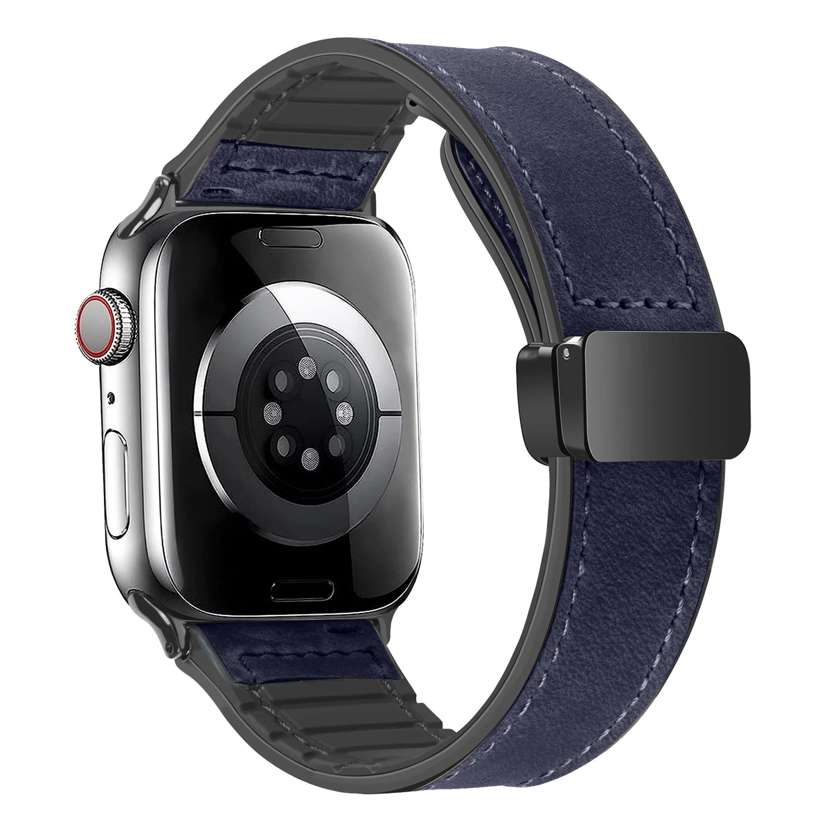 Leather and Silicone Strap with Magnetic Folding Buckle for Apple Watch Series 11, 10, 9, 8, 7, SE & Ultra, 38–49mm Case