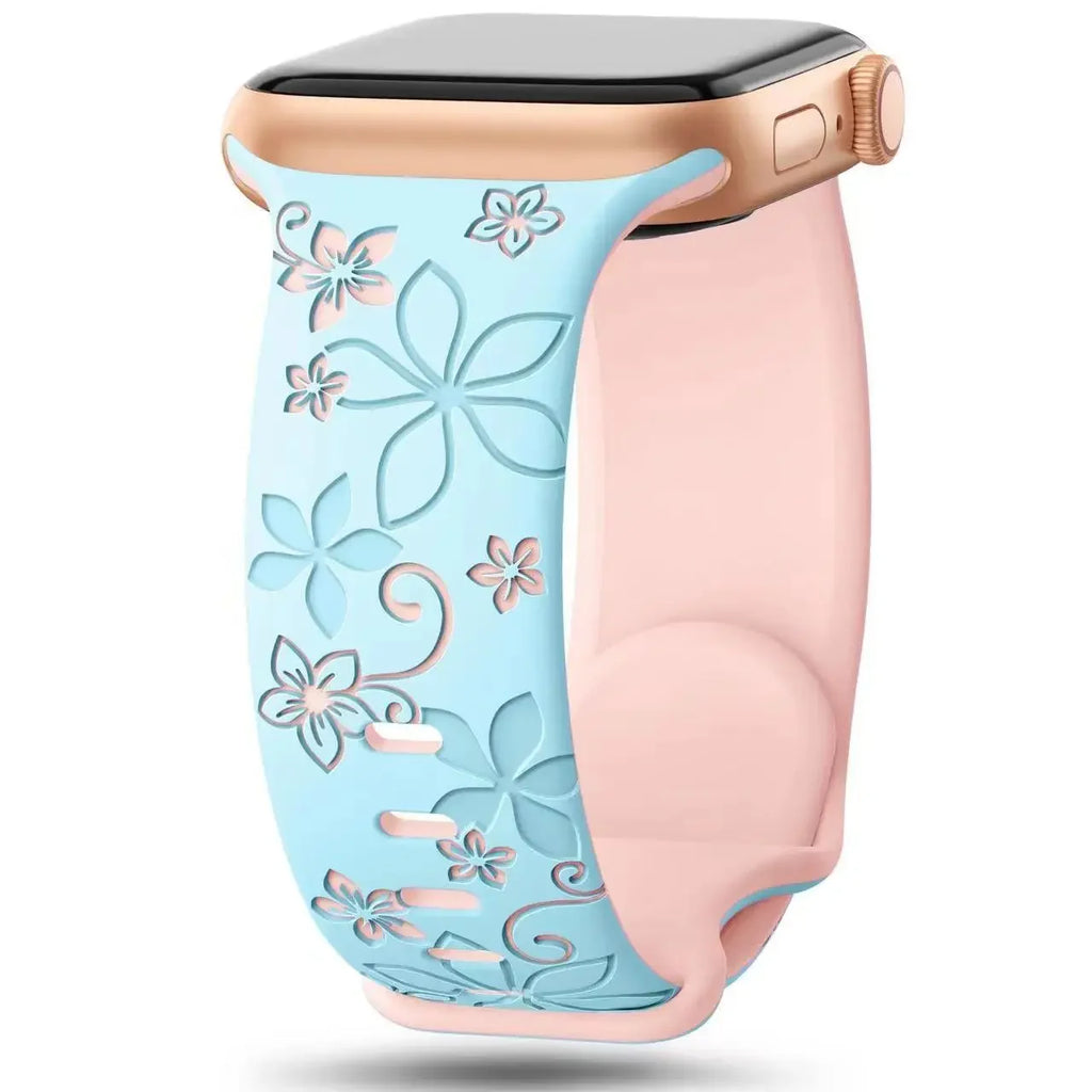 Two-Tone Floral Engraved Silicone Strap for Apple Watch 38/40/41mm, 42/44/45/46/49mm and Series 10/11 42mm in 10 Colourw