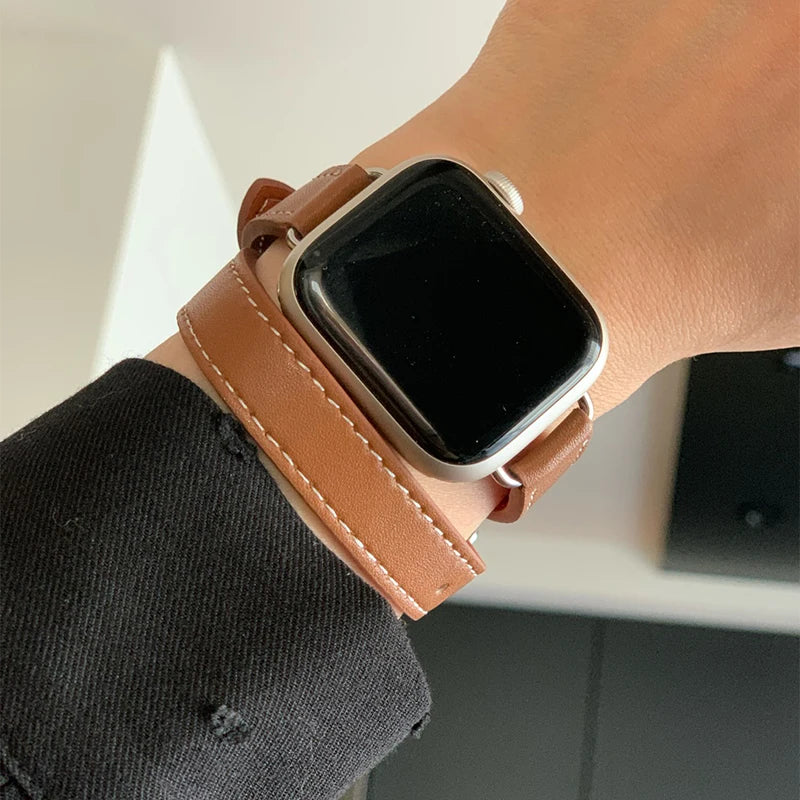 Double Wrap Leather Strap with Pin Buckle for Apple Watch 38/40/41mm & 42/44/45/49mm – Slim Wrap Band for Series, SE & U