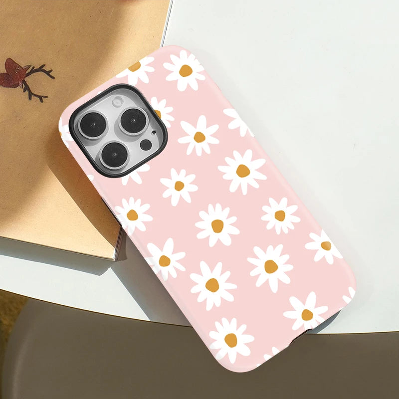 Daisy Print Magnetic Phone Case for iPhone 16, 15 & 14 Series - Pink Floral Two-Layer PC and TPU Cover