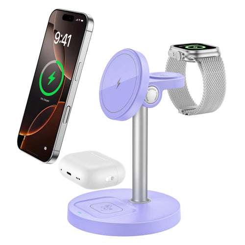 3-in-1 Magnetic Wireless Charging Stand for iPhone 16, 15, 14, 13 & 12 Series with Adjustable Angle, Smartwatch and Earbuds Pads