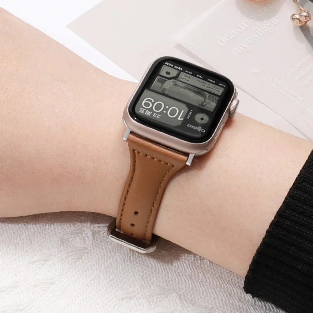 Slim Tapered Leather Strap with Silver Pin Buckle for Apple Watch 38/40/41mm and 42/44/45/49mm, Women's Narrow Watch Ban