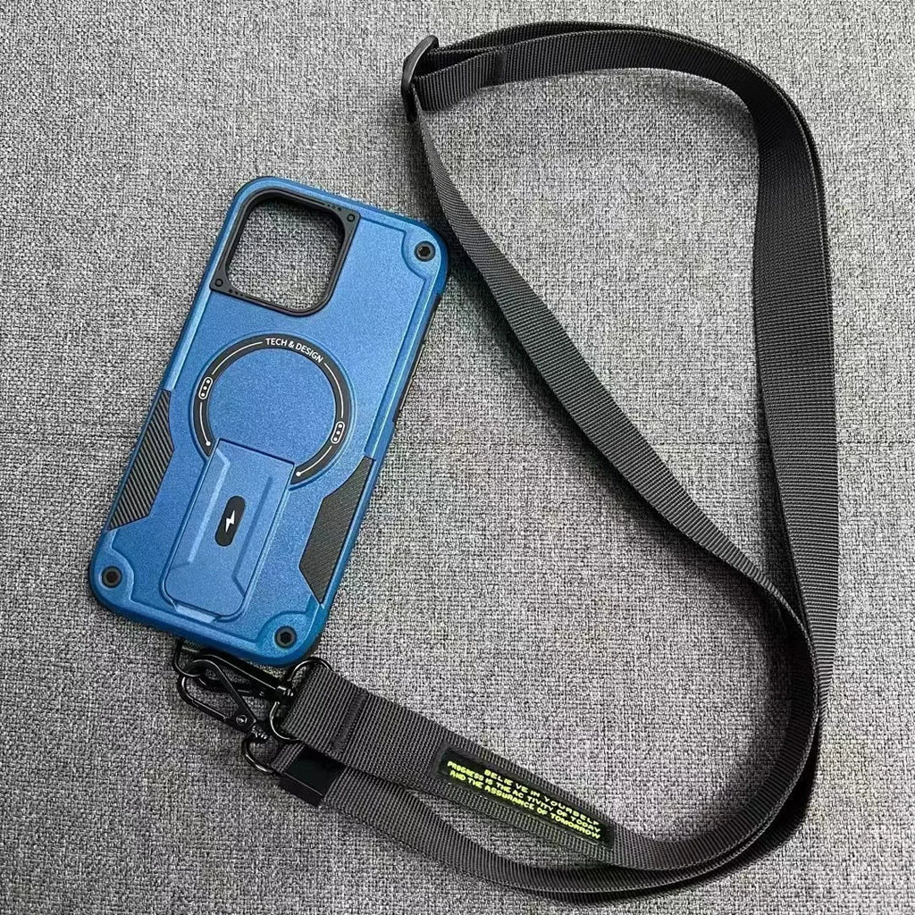 Crossbody Strap Phone Case with Fold-Out Stand and Magnetic Back for iPhone 14, 15, 16, 17 & 18 Pro Models - Long Lanyar