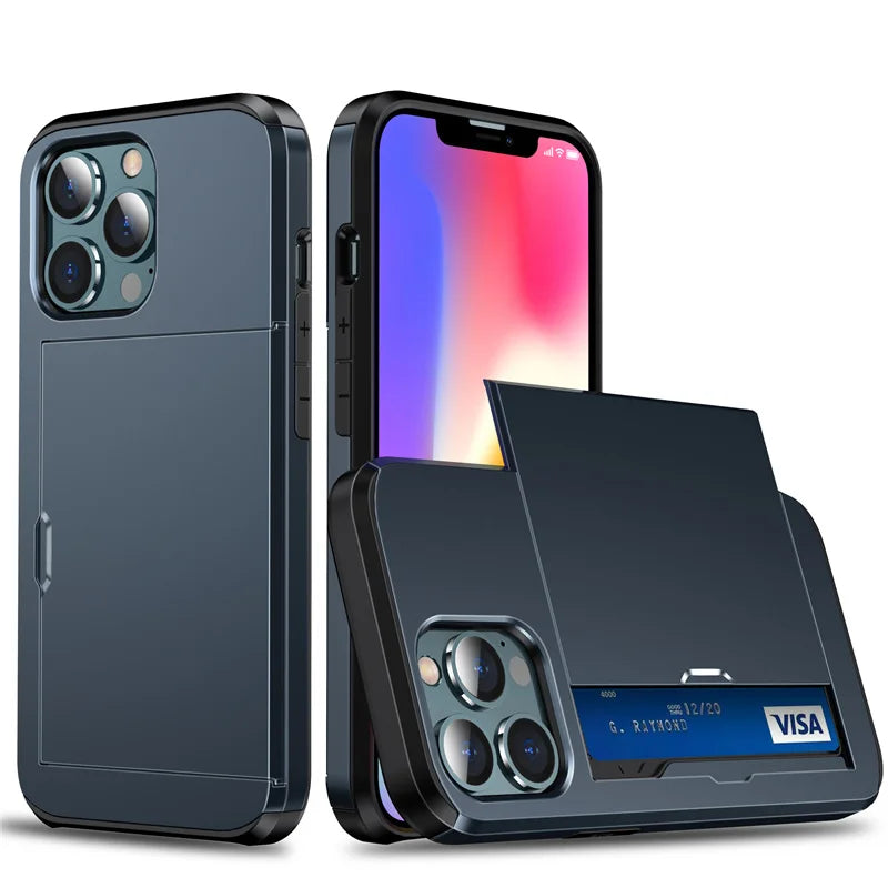 Card Slot Wallet Case with Sliding Card Holder for iPhone 16, 16e, 15 & 14 Series, Dual-Layer Hard PC and Soft TPU