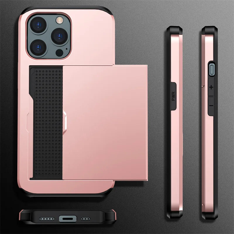 Card Slot Wallet Case with Sliding Card Holder for iPhone 16, 16e, 15 & 14 Series, Dual-Layer Hard PC and Soft TPU