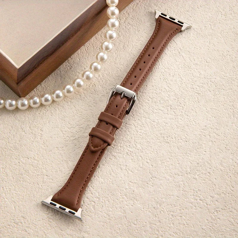Slim Leather Strap for Apple Watch 38/40/41mm and 42/44/45/46/49mm – Narrow Metal Buckle Watch Band in 5 Colours