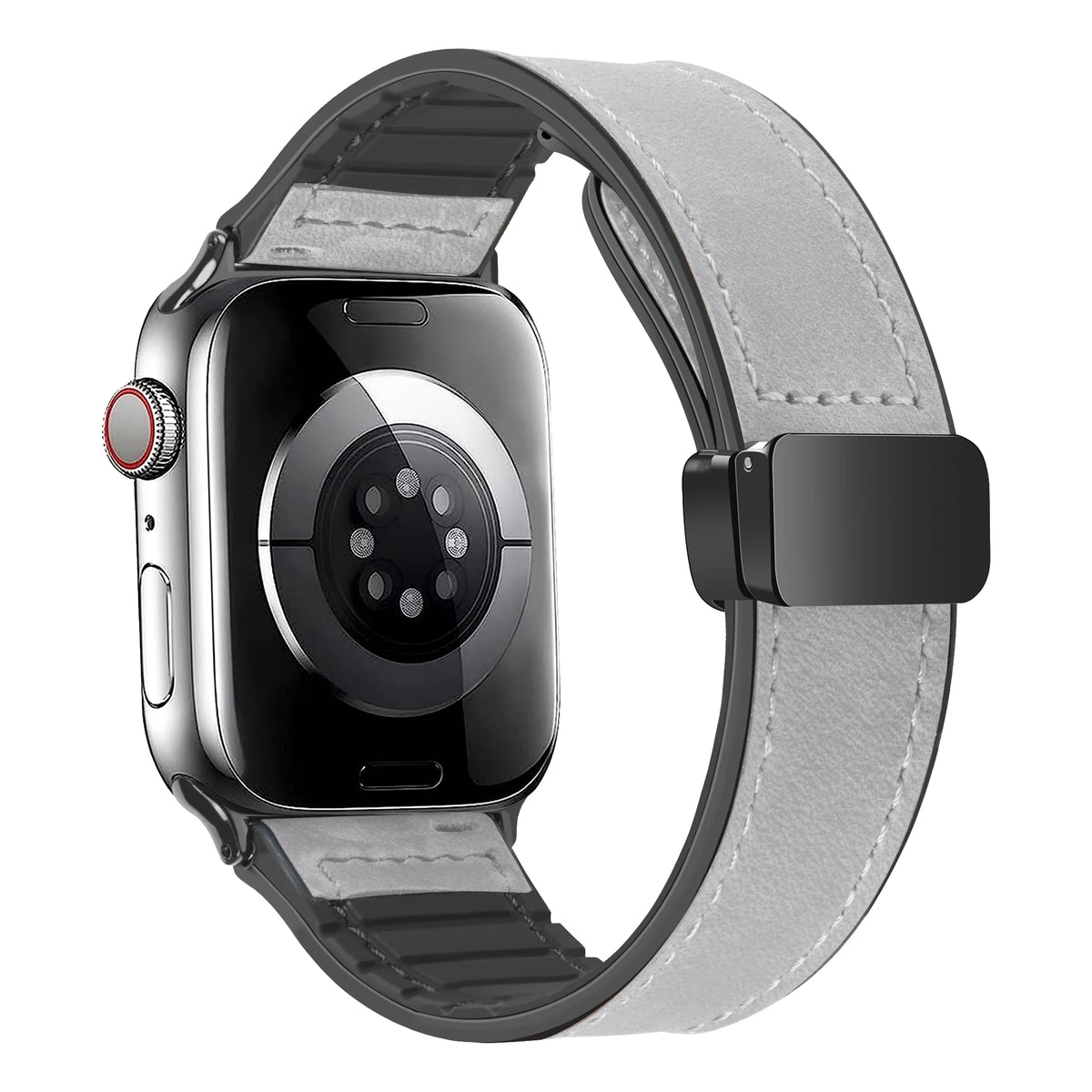 Leather and Silicone Strap with Magnetic Folding Buckle for Apple Watch Series 11, 10, 9, 8, 7, SE & Ultra, 38–49mm Case