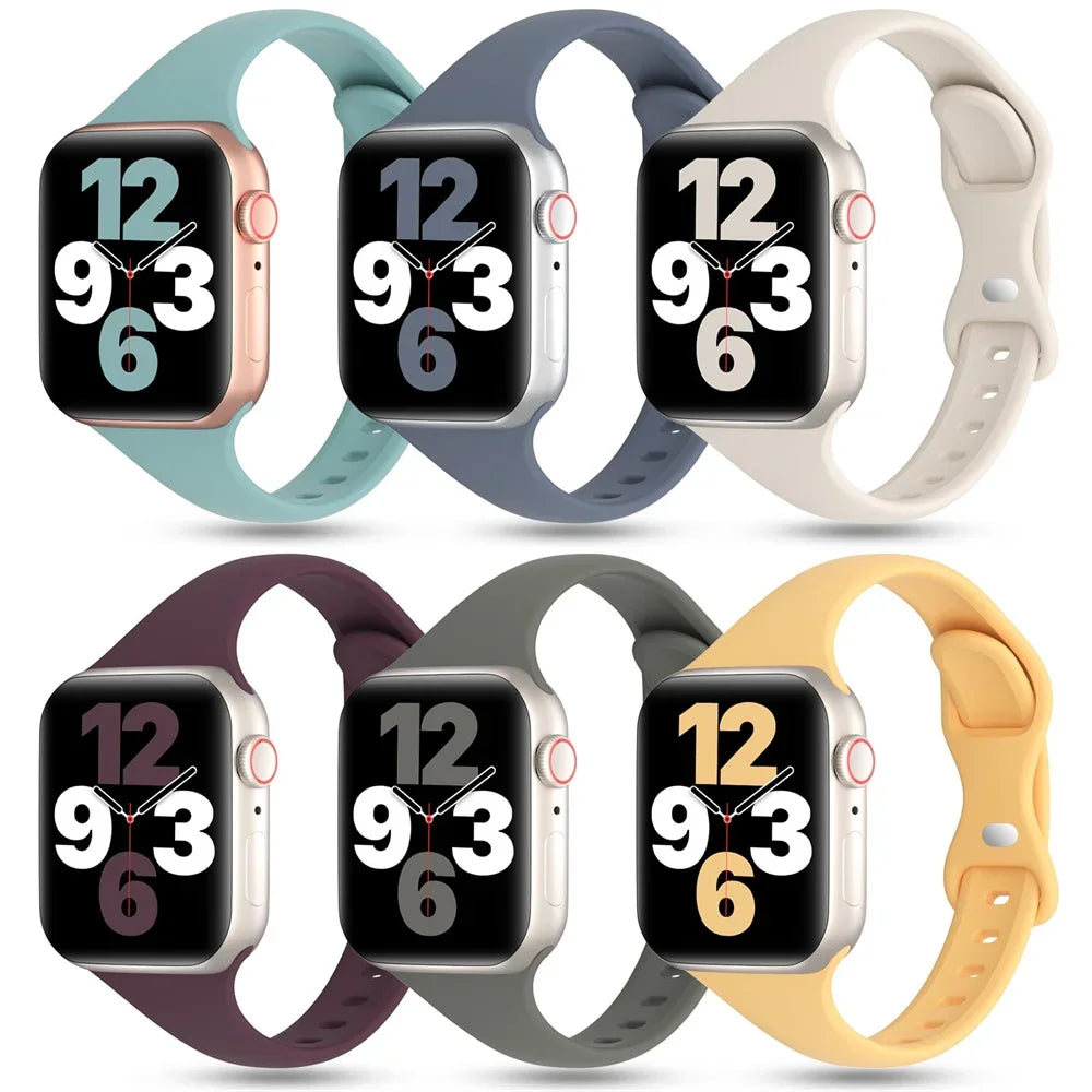 Slim Silicone Strap for Apple Watch 38/40/41mm and 42/44/45/49mm Cases, Narrow Pin-and-Loop Band in 14 Colours