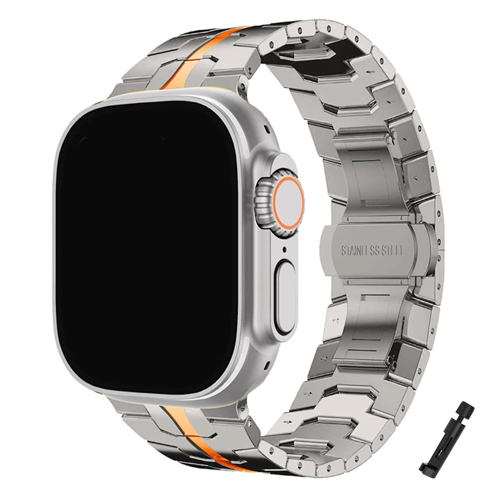 Silver and Orange Stainless Steel Link Strap for Apple Watch 38/40/41/42/44/45/46/49mm - Adjustable Metal Band