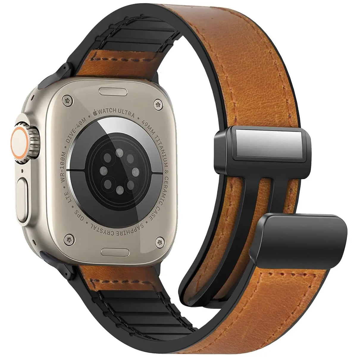 Cow Leather and Silicone Strap with Magnetic Folding Buckle for Apple Watch 38/40/41mm, 42/44/45/46/49mm and Series 10/1