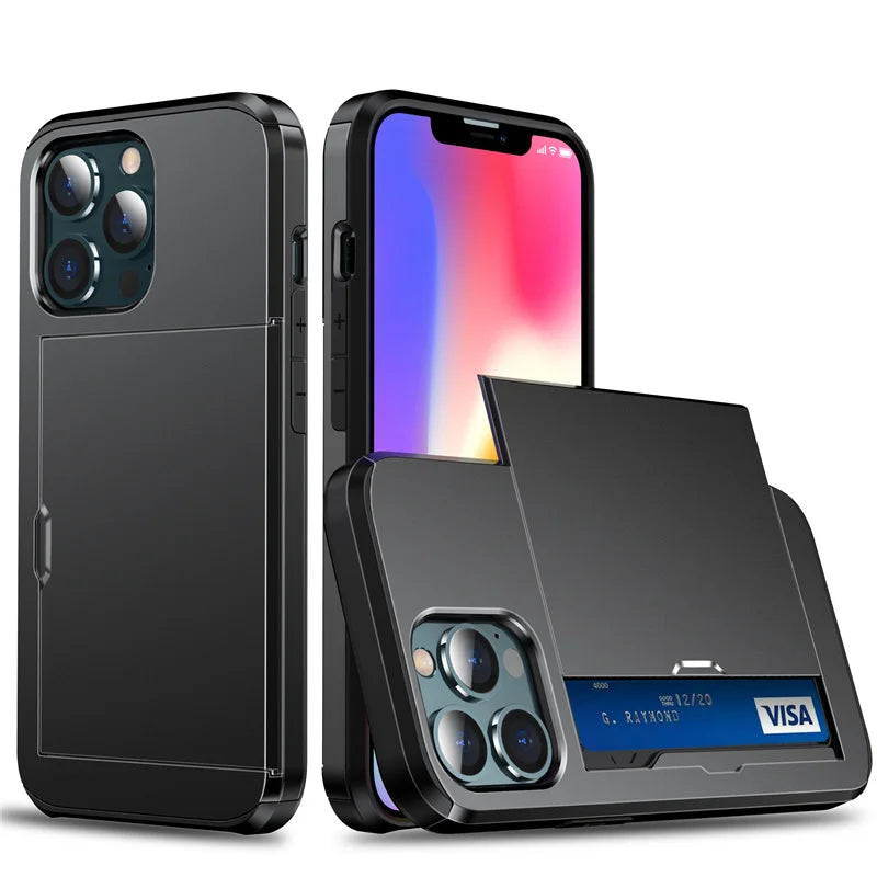 Card Slot Wallet Case with Sliding Card Holder for iPhone 16, 16e, 15 & 14 Series, Dual-Layer Hard PC and Soft TPU