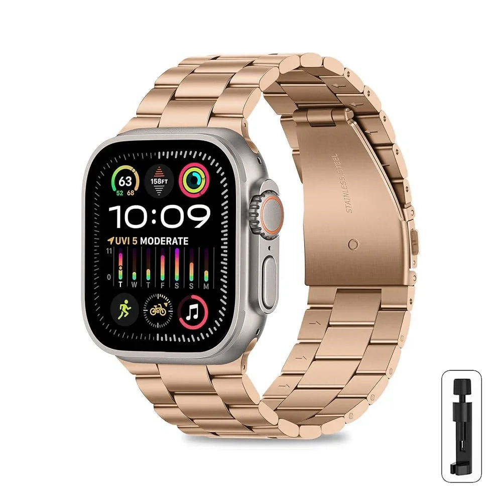 Stainless Steel Bracelet Strap for Apple Watch Series, SE & Ultra 38mm to 49mm in Silver, Gold, Rose Gold, Starlight & Black