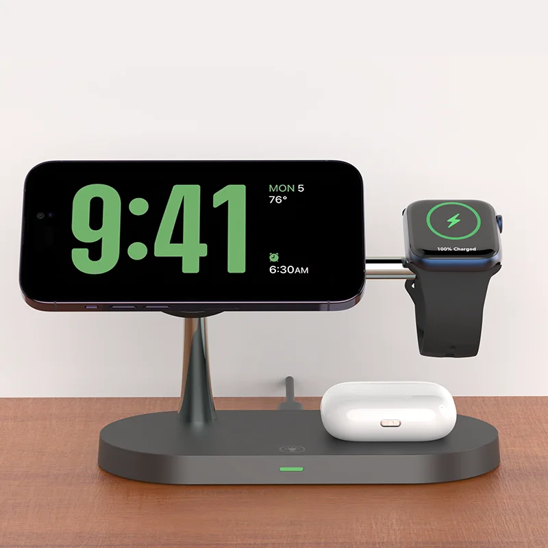 3-in-1 Magnetic Wireless Charging Stand for iPhone, Apple Watch & AirPods with LED Charging Indicator and Cable
