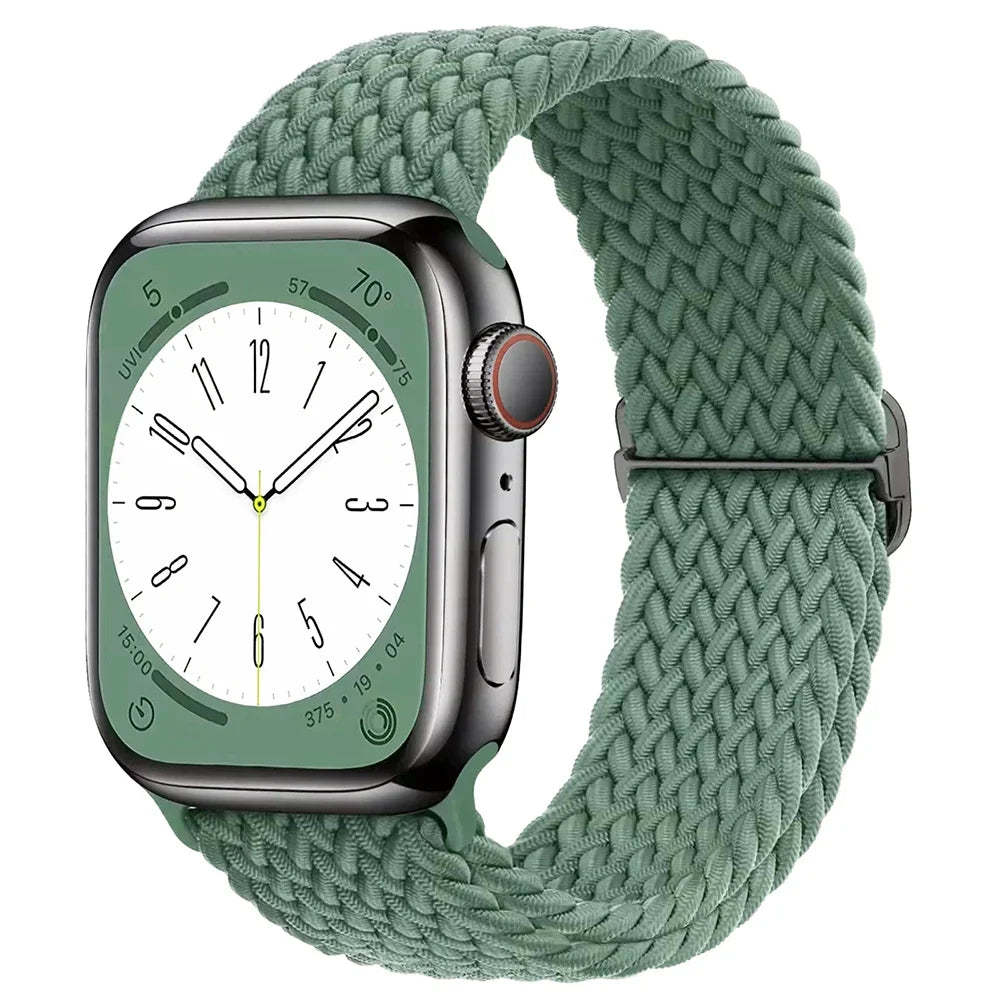 Green Braided Nylon Stretch Strap for Apple Watch 38/40/41mm and 42/44/45/49mm - Adjustable Band for Series, SE and Ultr