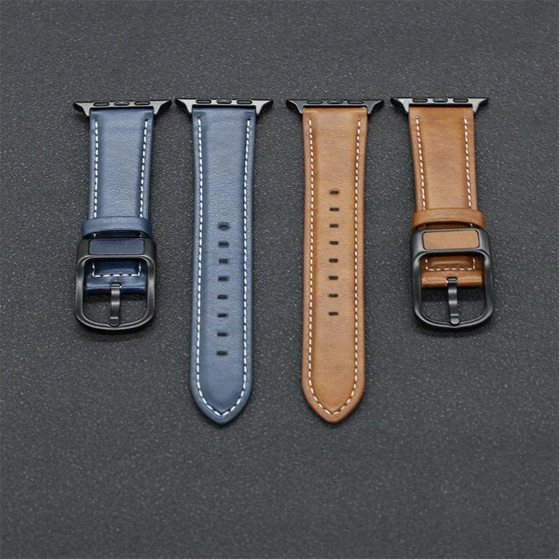 PU Leather Strap for Apple Watch 38mm to 49mm Classic Buckle Band in Black, Brown, Blue and Cyan
