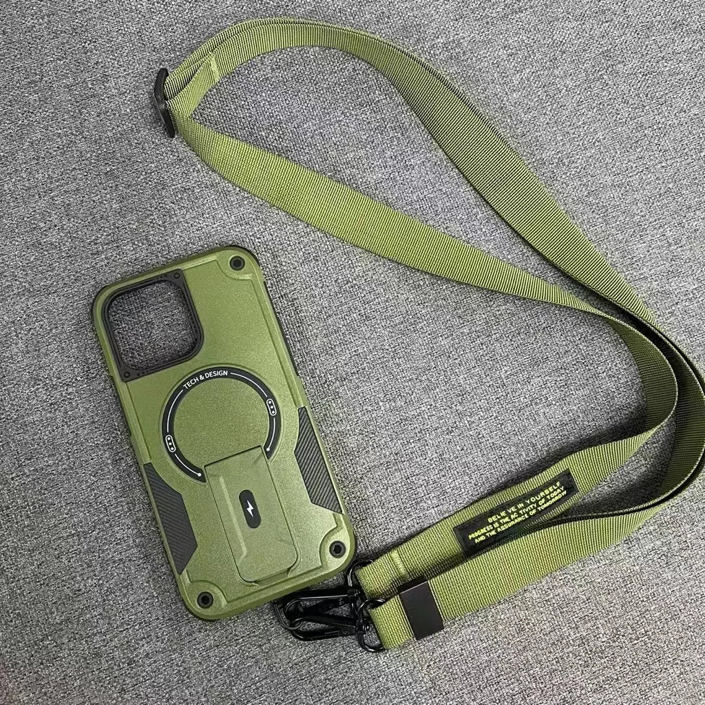 Crossbody Strap Phone Case with Fold-Out Stand and Magnetic Back for iPhone 14, 15, 16, 17 & 18 Pro Models - Long Lanyar