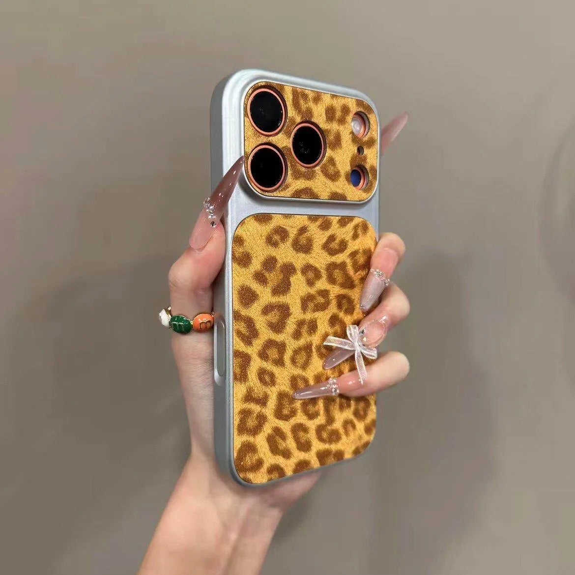 Leopard Print Artificial Leather Bumper Case for iPhone 18 Pro, 17, 16, 15 & 14 Series with Contrast Camera Frame