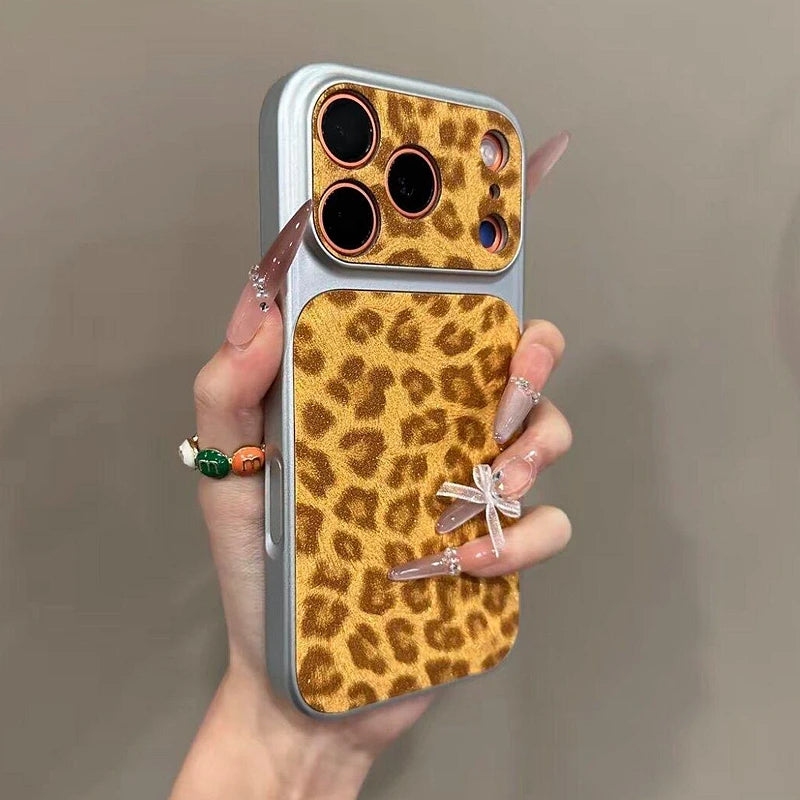 Leopard Print Artificial Leather Bumper Case for iPhone 18 Pro, 17, 16, 15 & 14 Series with Contrast Camera Frame