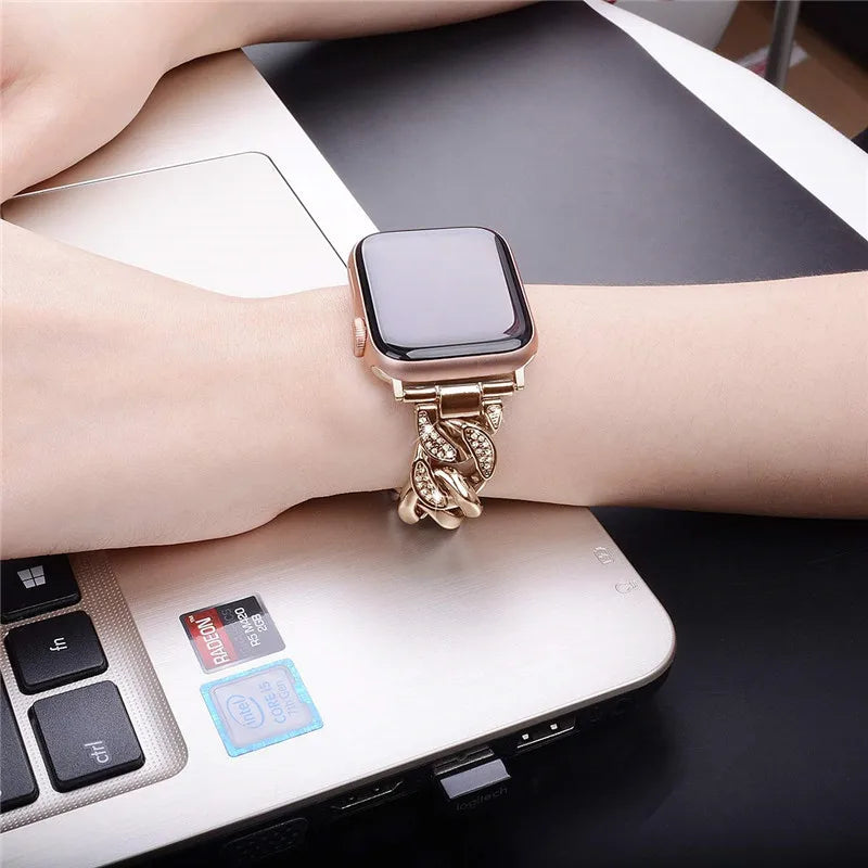 Crystal-Set Chain Link Strap for Apple Watch 38/40/41mm and 42/44/45/49mm, Stainless Steel Women's Bracelet Style in Sil