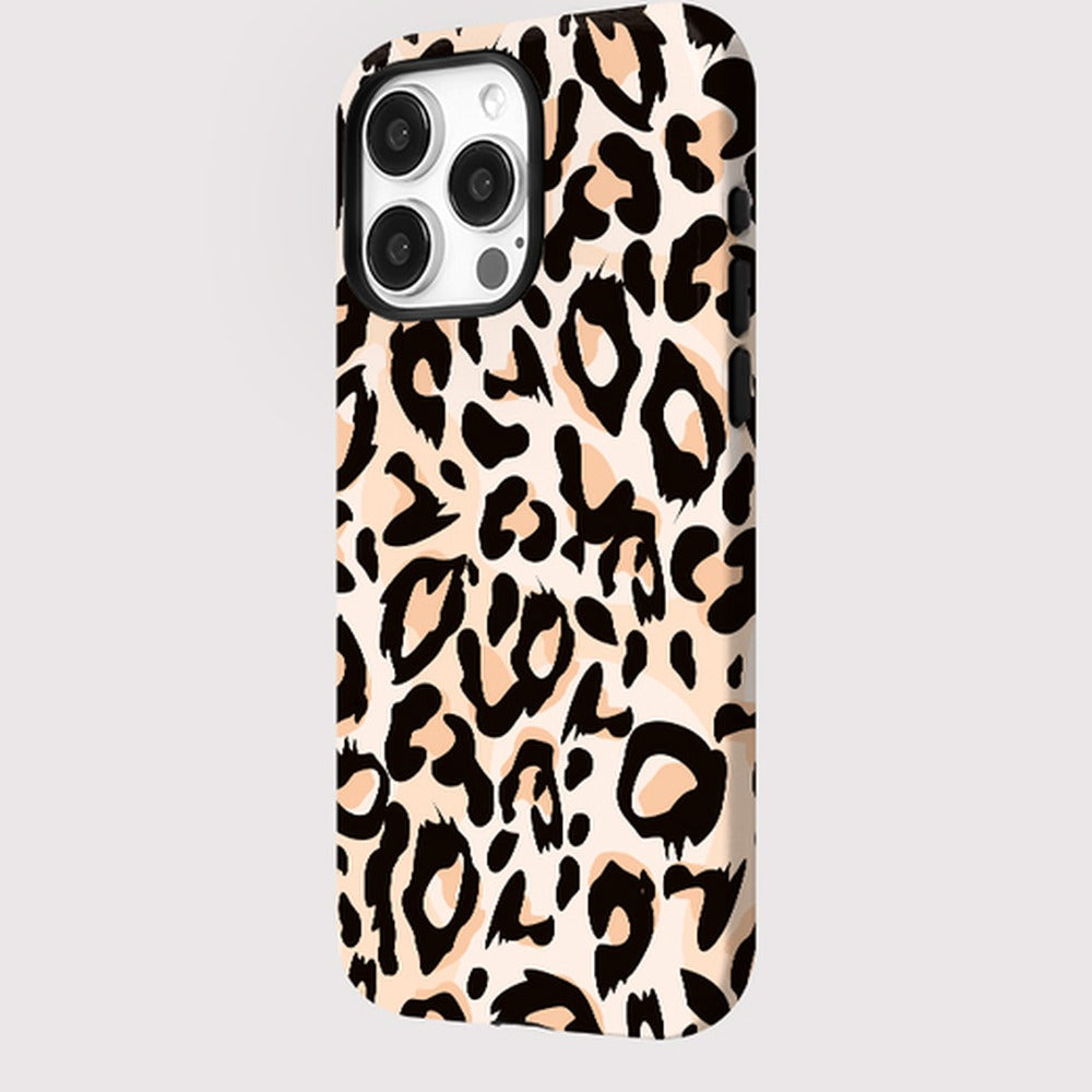 Cream Leopard Print Phone Case for iPhone 16, 15 & 14 Series - Magnetic Double-Layer PC and TPU Cover