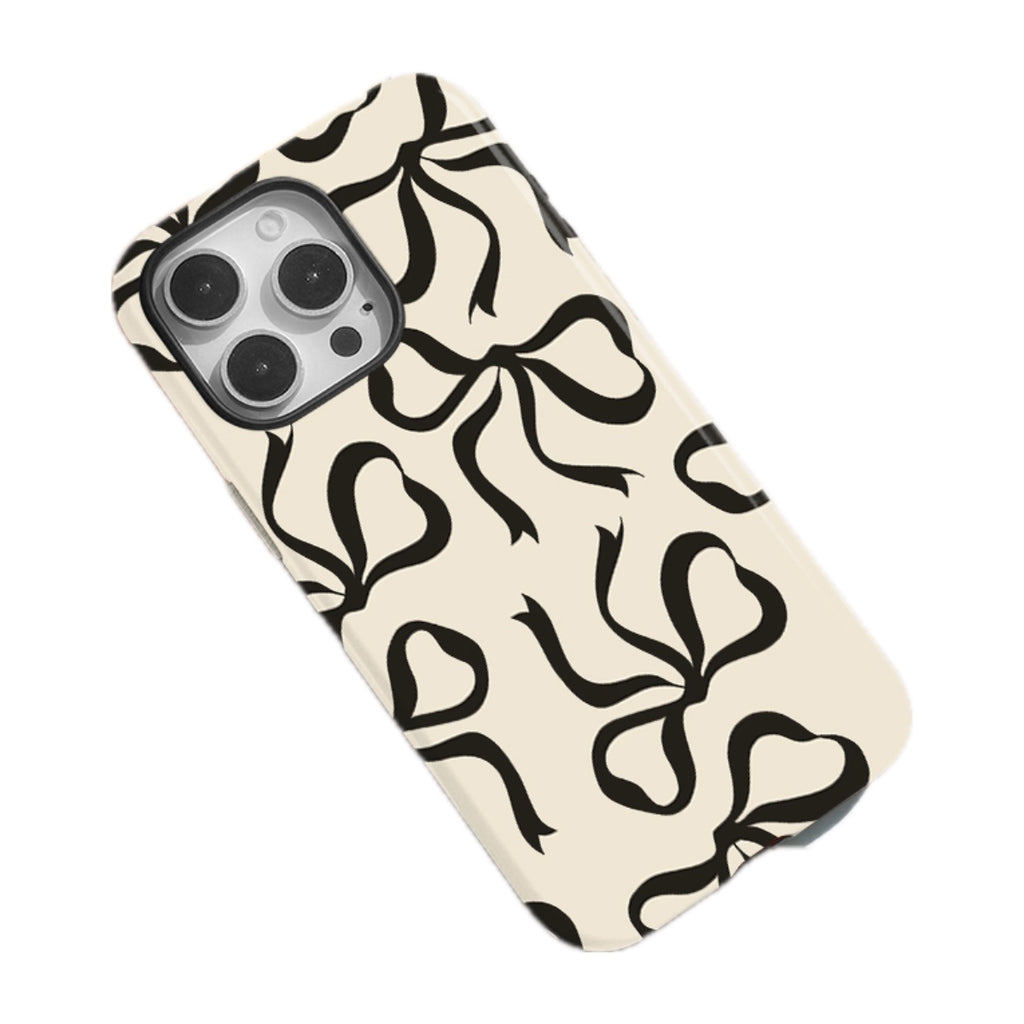 Black Ribbon Bow Print Phone Case for iPhone 16, 15 & 14 Series - Cream Magnetic Dual-Layer PC and TPU Cover